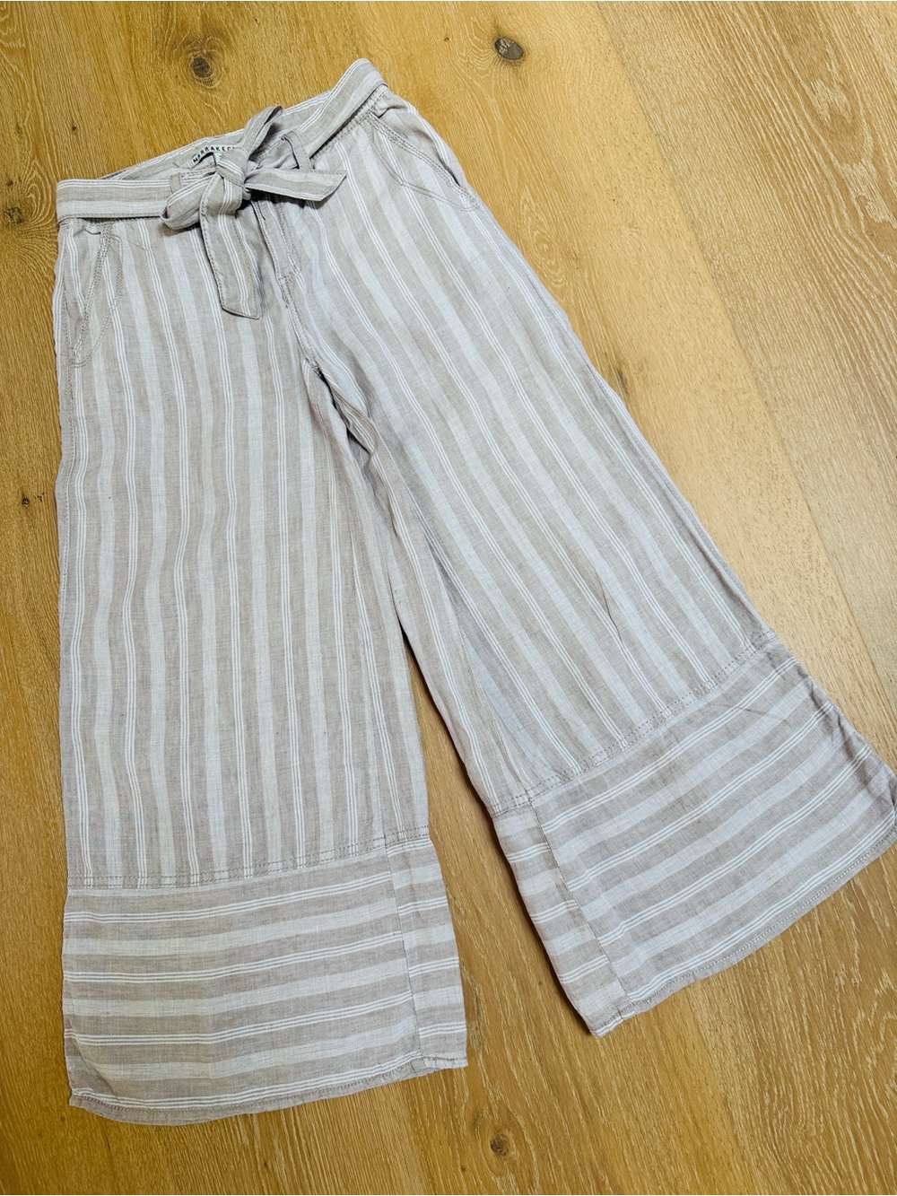 Anthro Striped Wide-Leg Tie-Waist Pants in Light Taupe